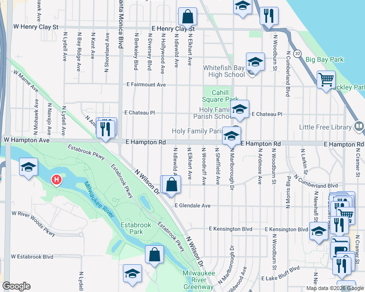 map of restaurants, bars, coffee shops, grocery stores, and more near 717 East Hampton Road in Whitefish Bay
