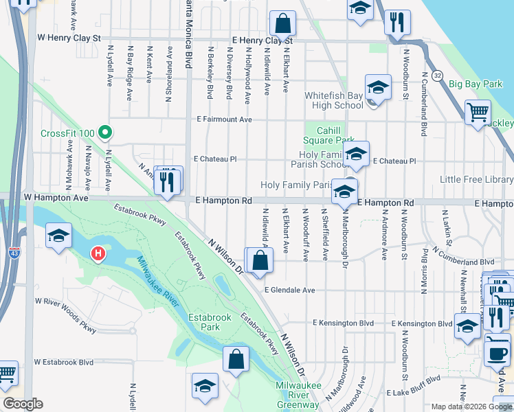 map of restaurants, bars, coffee shops, grocery stores, and more near 600 East Hampton Road in Whitefish Bay