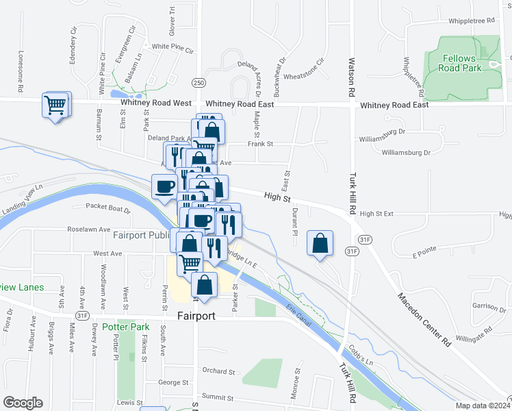 map of restaurants, bars, coffee shops, grocery stores, and more near 96 High Street in Fairport