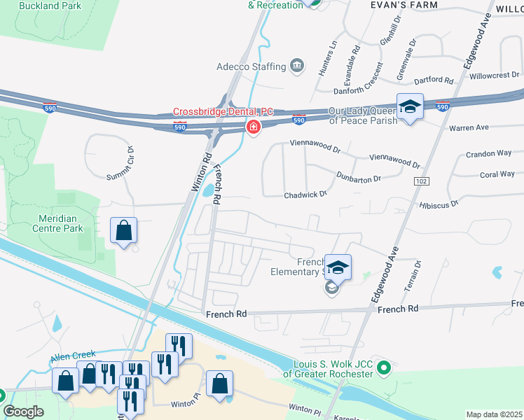 map of restaurants, bars, coffee shops, grocery stores, and more near 29 French Meadow Lane in Rochester