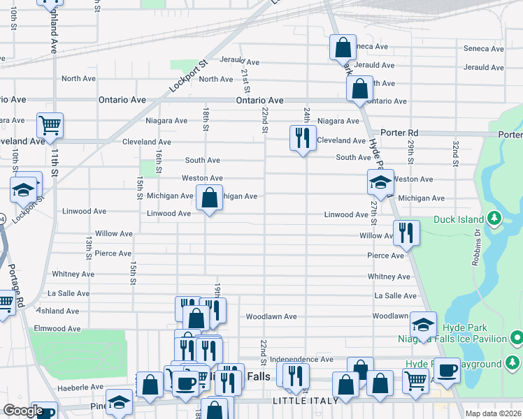 map of restaurants, bars, coffee shops, grocery stores, and more near 1885 Michigan Avenue in Niagara Falls
