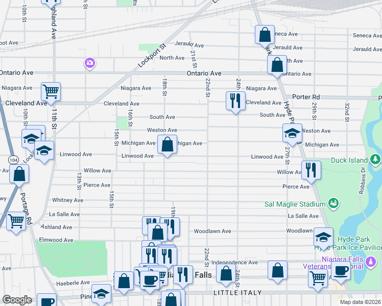 map of restaurants, bars, coffee shops, grocery stores, and more near 1843 Michigan Avenue in Niagara Falls
