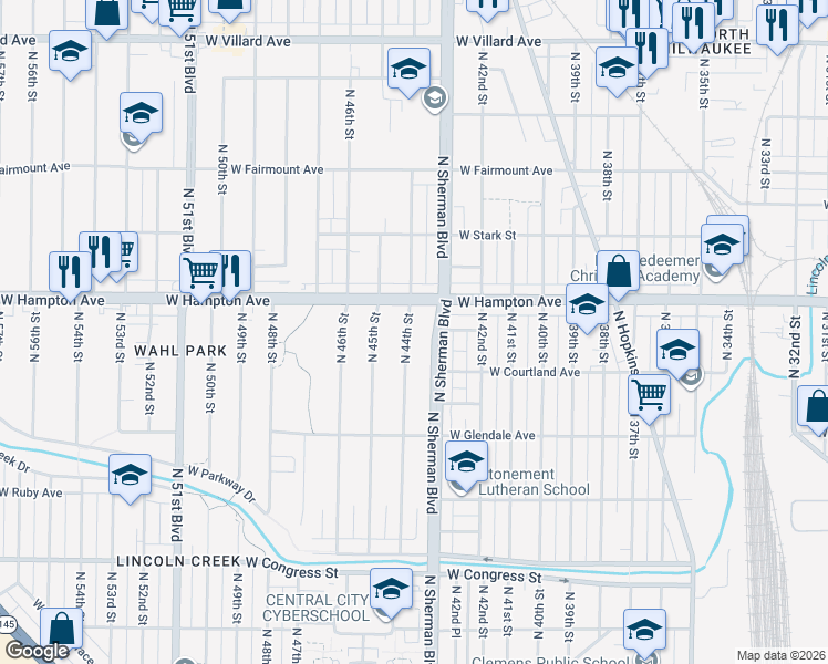 map of restaurants, bars, coffee shops, grocery stores, and more near 4770 North 44th Street in Milwaukee