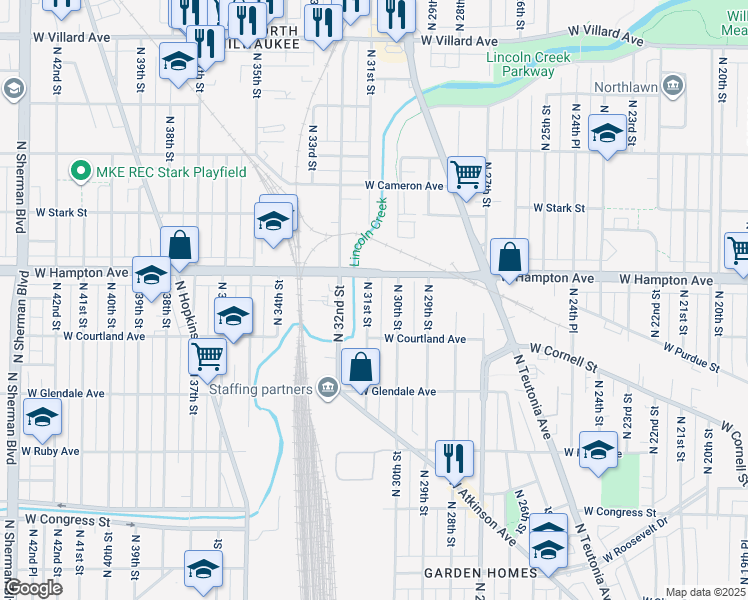 map of restaurants, bars, coffee shops, grocery stores, and more near 4754 North 31st Street in Milwaukee