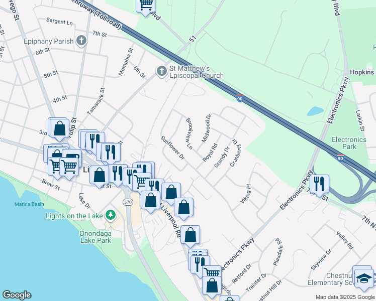 map of restaurants, bars, coffee shops, grocery stores, and more near 107 Brookview Lane in Liverpool