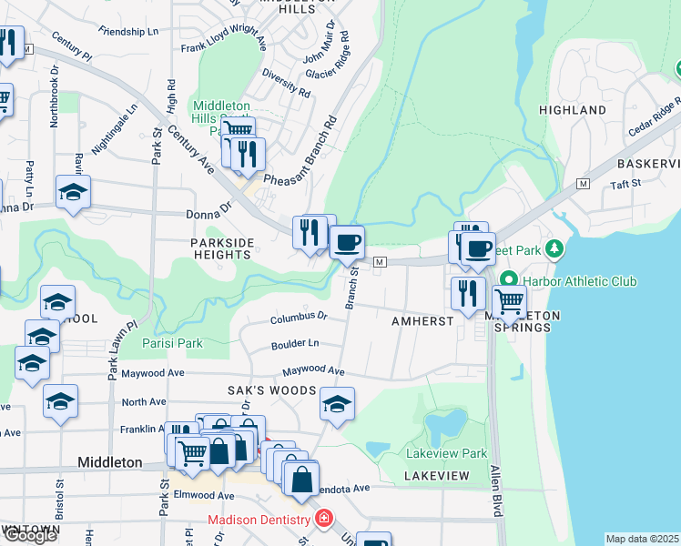 map of restaurants, bars, coffee shops, grocery stores, and more near 2644 Branch Street in Middleton