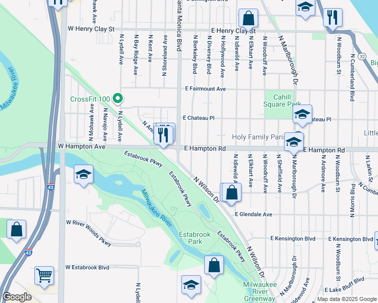 map of restaurants, bars, coffee shops, grocery stores, and more near 327 East Hampton Road in Whitefish Bay