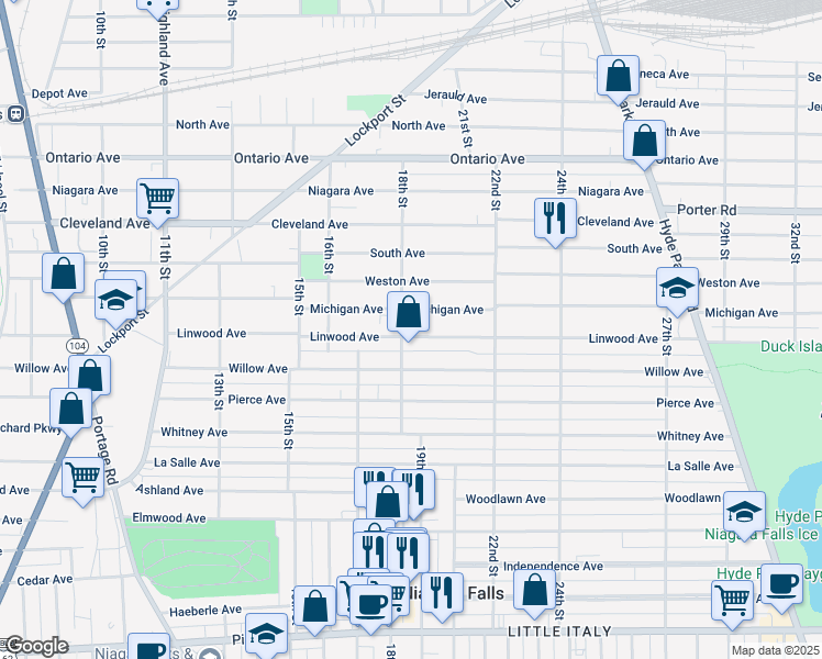 map of restaurants, bars, coffee shops, grocery stores, and more near 1804 Linwood Avenue in Niagara Falls