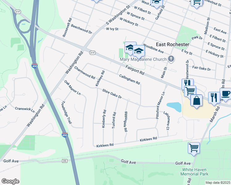 map of restaurants, bars, coffee shops, grocery stores, and more near 36 Shire Oaks Drive in Pittsford