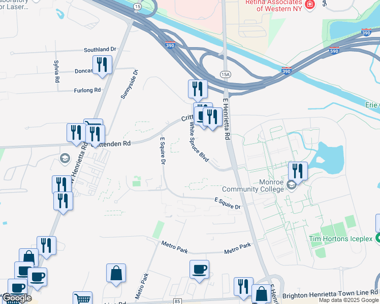 map of restaurants, bars, coffee shops, grocery stores, and more near 300 White Spruce Blvd in Rochester