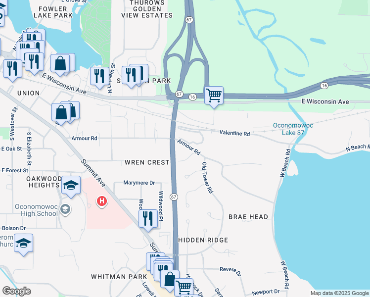 map of restaurants, bars, coffee shops, grocery stores, and more near 989 Armour Road in Oconomowoc
