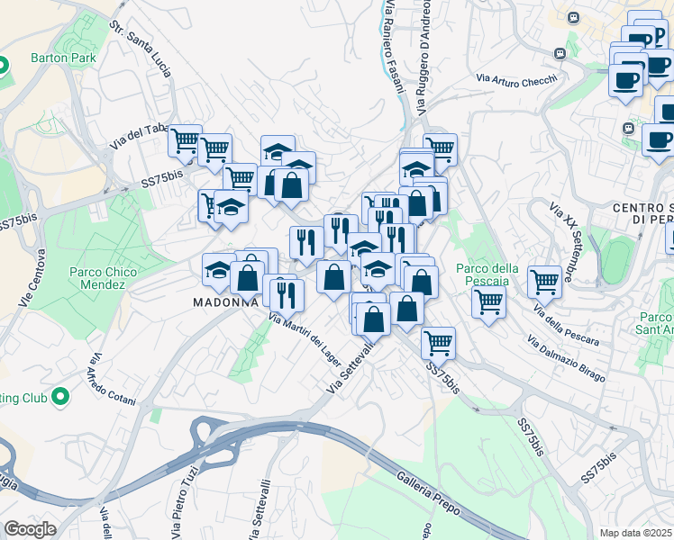 map of restaurants, bars, coffee shops, grocery stores, and more near 1 Via del Macello in Perugia