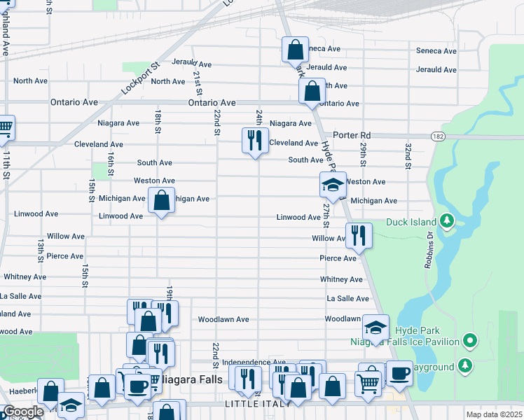 map of restaurants, bars, coffee shops, grocery stores, and more near 2402 Linwood Avenue in Niagara Falls