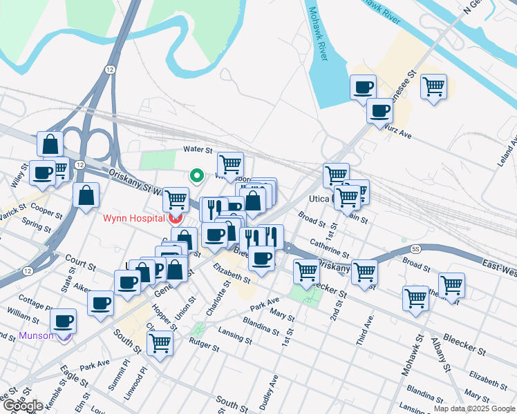 map of restaurants, bars, coffee shops, grocery stores, and more near 121 Hotel Street in Utica