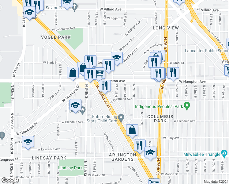 map of restaurants, bars, coffee shops, grocery stores, and more near 8151 West Beckett Avenue in Milwaukee