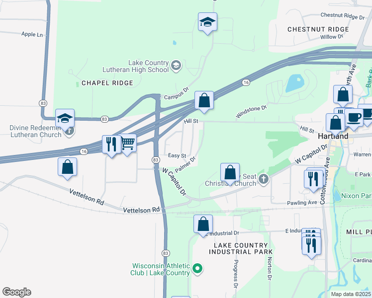 map of restaurants, bars, coffee shops, grocery stores, and more near 4850 Easy Street in Hartland