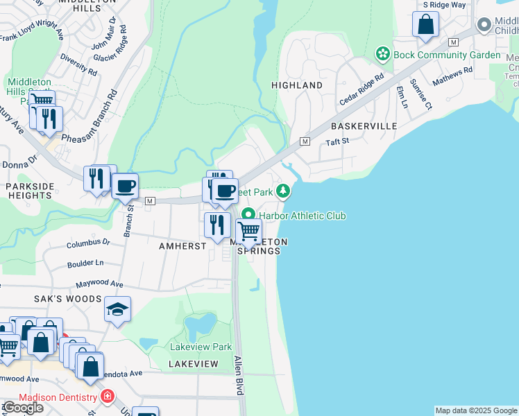 map of restaurants, bars, coffee shops, grocery stores, and more near 6100 Lake Street in Middleton