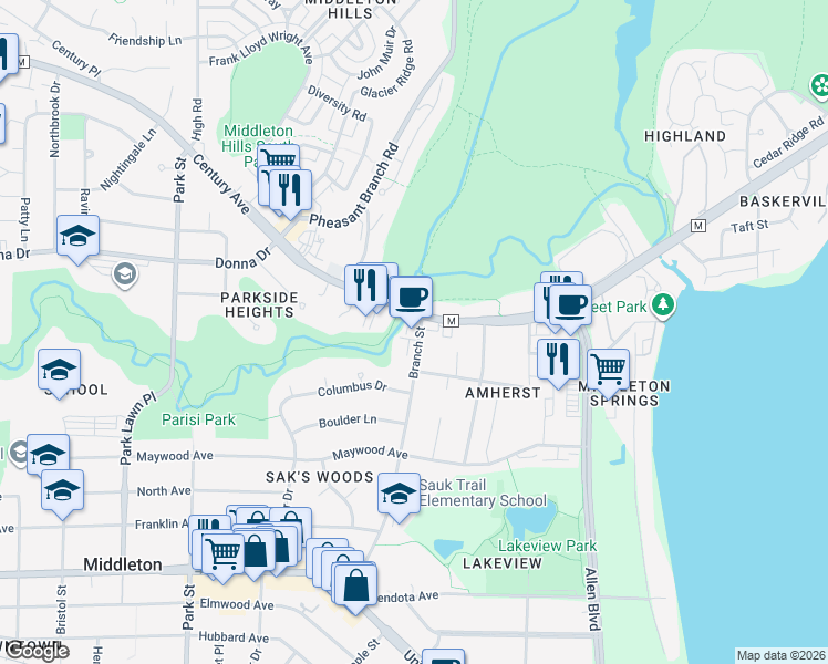 map of restaurants, bars, coffee shops, grocery stores, and more near 2644 Branch Street in Middleton
