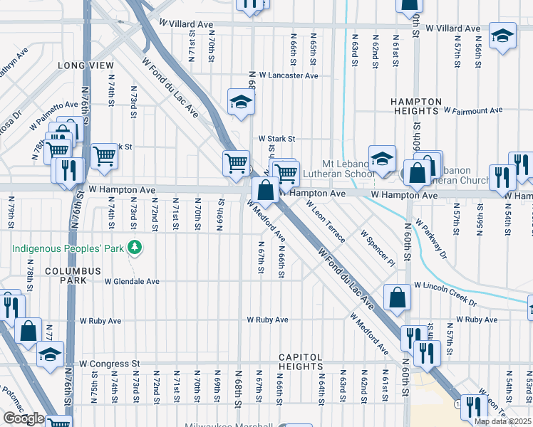 map of restaurants, bars, coffee shops, grocery stores, and more near 6627 West Fond Du Lac Avenue in Milwaukee