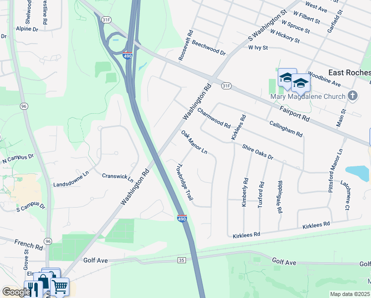 map of restaurants, bars, coffee shops, grocery stores, and more near 2 Oak Manor Lane in Pittsford