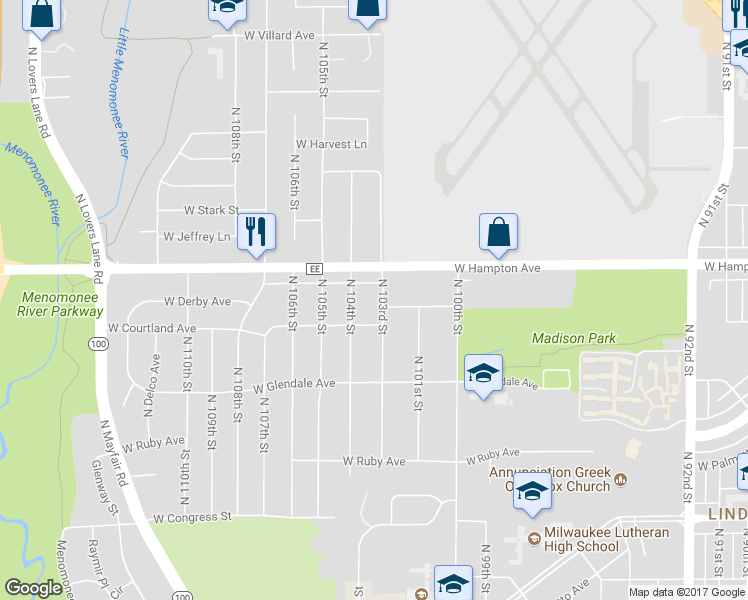 map of restaurants, bars, coffee shops, grocery stores, and more near 4739 North 103rd Street in Wauwatosa