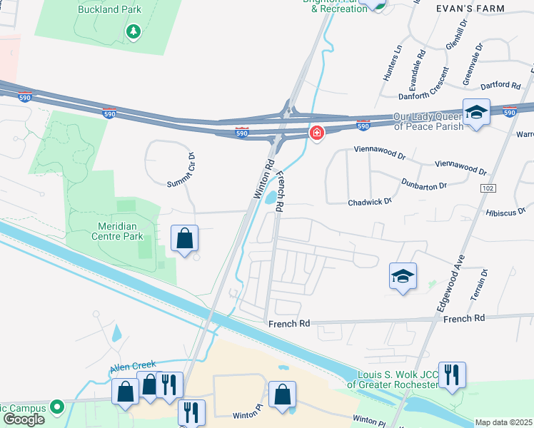map of restaurants, bars, coffee shops, grocery stores, and more near 1221 French Road in Rochester