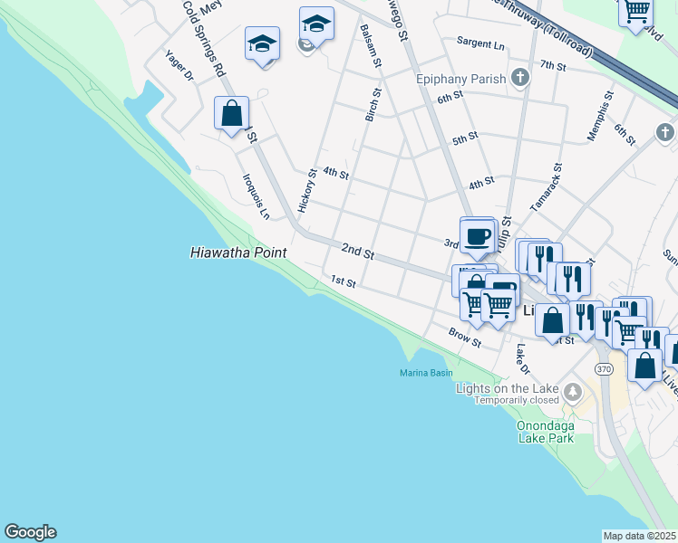map of restaurants, bars, coffee shops, grocery stores, and more near 710 1st St in Liverpool
