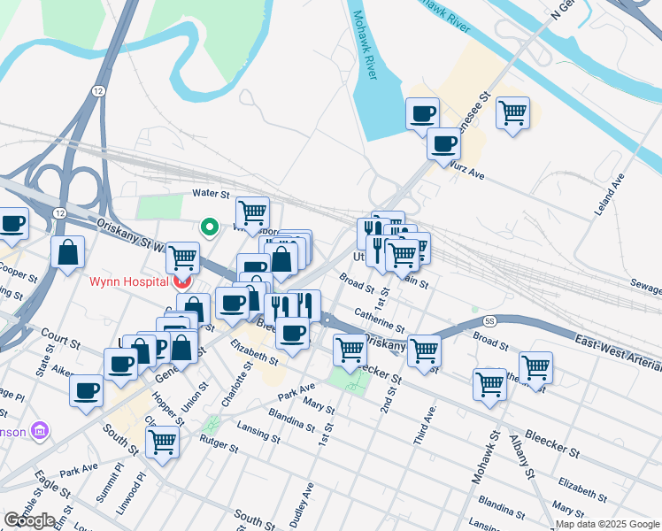 map of restaurants, bars, coffee shops, grocery stores, and more near 10 Broad Street in Utica