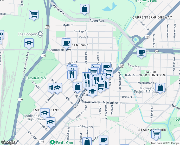 map of restaurants, bars, coffee shops, grocery stores, and more near 321 Kedzie Street in Madison