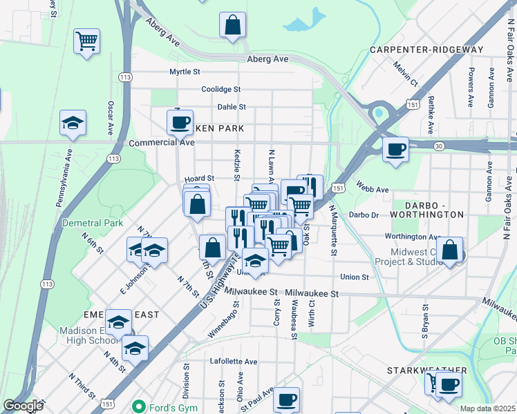 map of restaurants, bars, coffee shops, grocery stores, and more near 317 Pawling St in Madison
