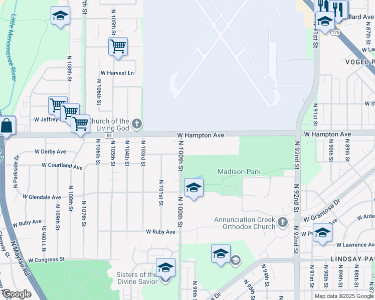 map of restaurants, bars, coffee shops, grocery stores, and more near 4722 North 100th Street in Wauwatosa