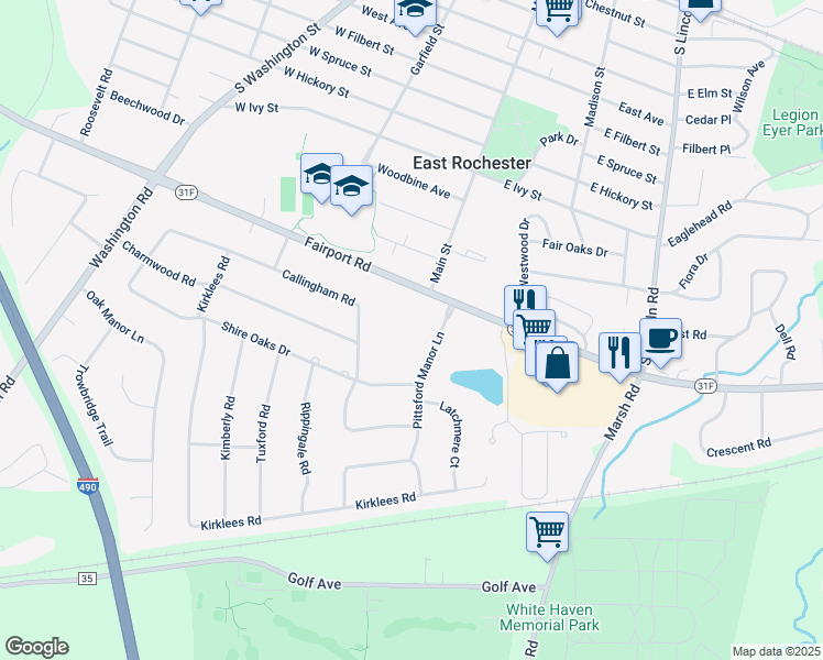 map of restaurants, bars, coffee shops, grocery stores, and more near 339 Fairport Road in East Rochester