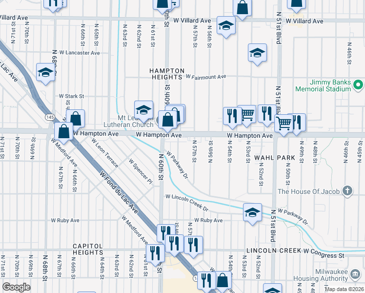 map of restaurants, bars, coffee shops, grocery stores, and more near 4761 North 58th Street in Milwaukee