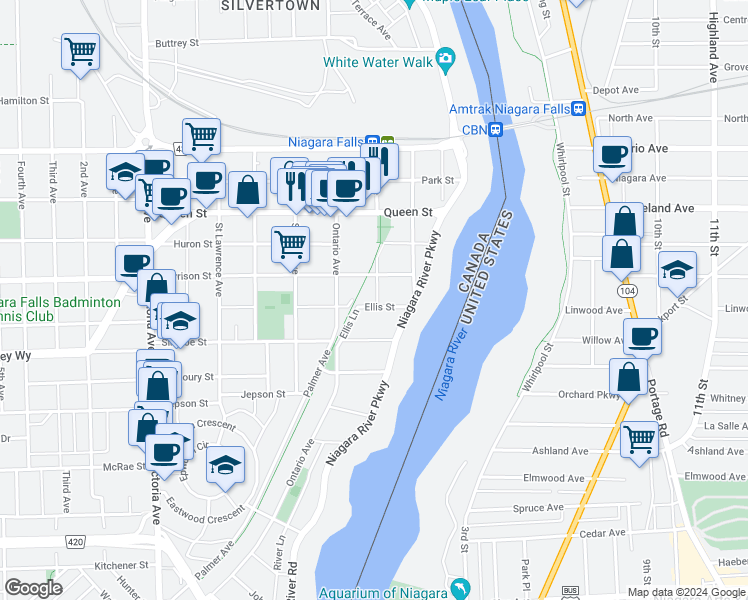 map of restaurants, bars, coffee shops, grocery stores, and more near 4297 Ellis Street in Niagara Falls