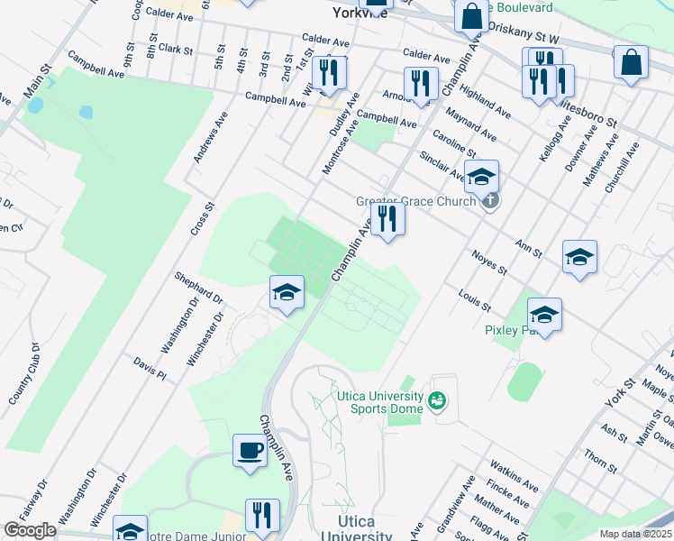 map of restaurants, bars, coffee shops, grocery stores, and more near 1501-1599 Champlin Avenue in Utica