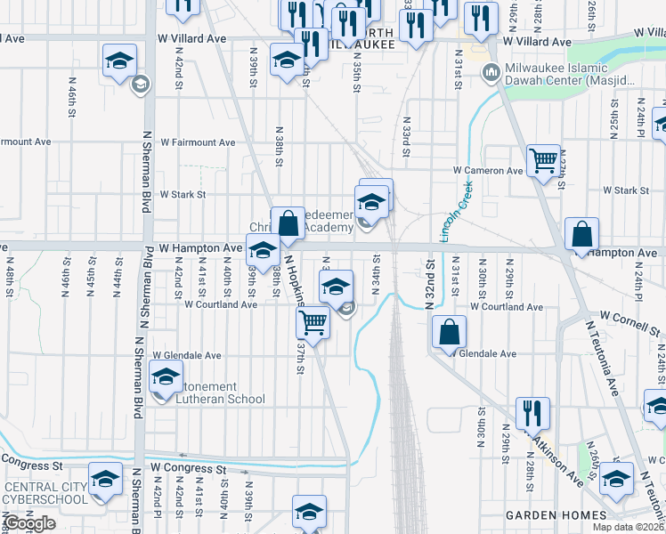 map of restaurants, bars, coffee shops, grocery stores, and more near 4765 North 35th Street in Milwaukee