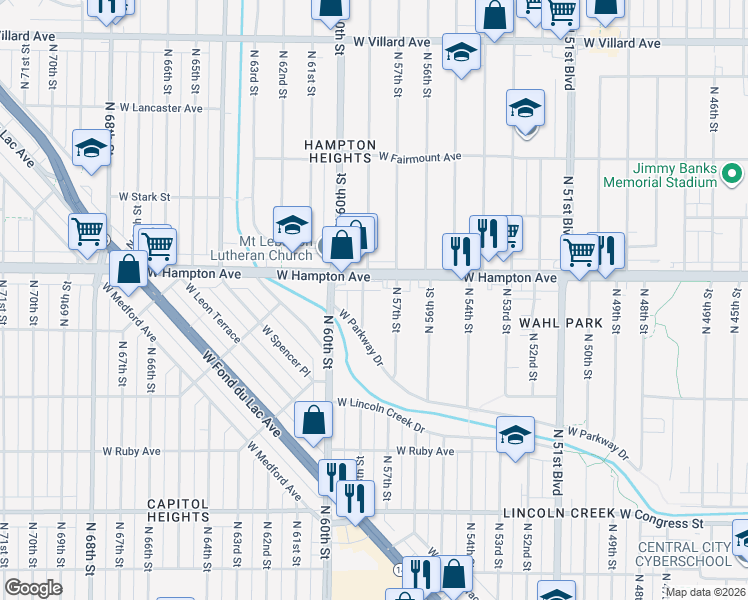 map of restaurants, bars, coffee shops, grocery stores, and more near 4761 North 58th Street in Milwaukee