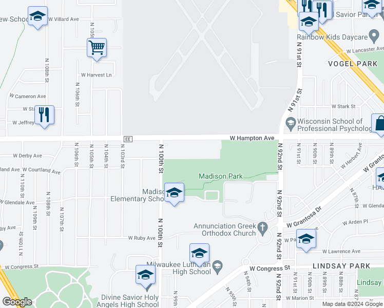 map of restaurants, bars, coffee shops, grocery stores, and more near 9617 West Hampton Avenue in Milwaukee