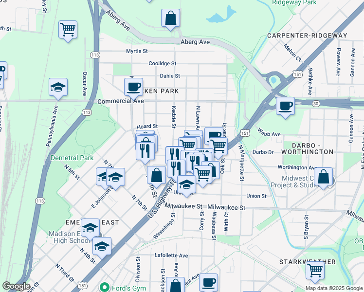 map of restaurants, bars, coffee shops, grocery stores, and more near 321 Kedzie Street in Madison