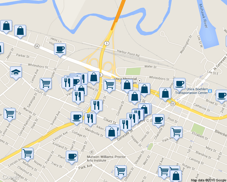map of restaurants, bars, coffee shops, grocery stores, and more near 433 Lafayette St in Utica
