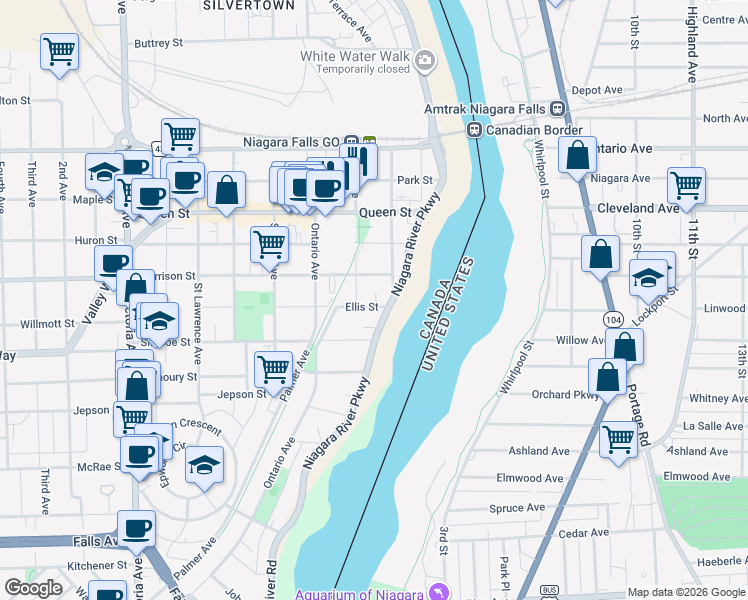 map of restaurants, bars, coffee shops, grocery stores, and more near 4247 Ellis Street in Niagara Falls