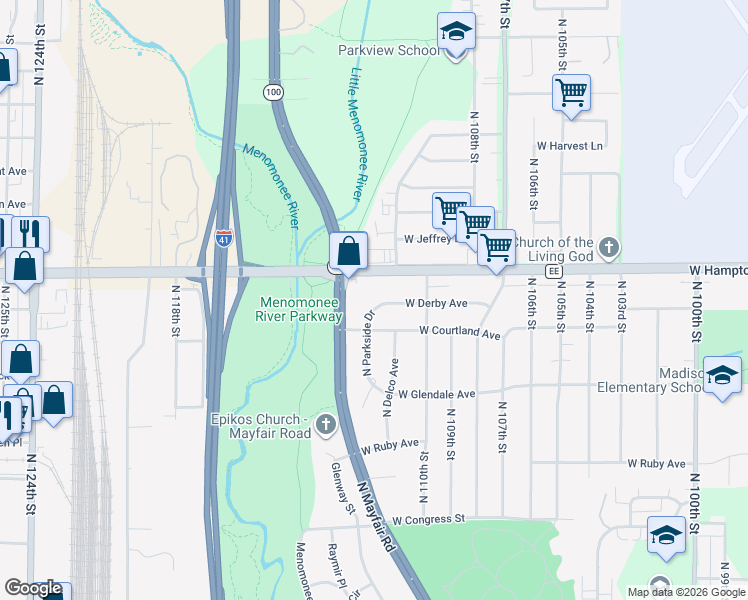 map of restaurants, bars, coffee shops, grocery stores, and more near 4735 North Parkside Drive in Wauwatosa