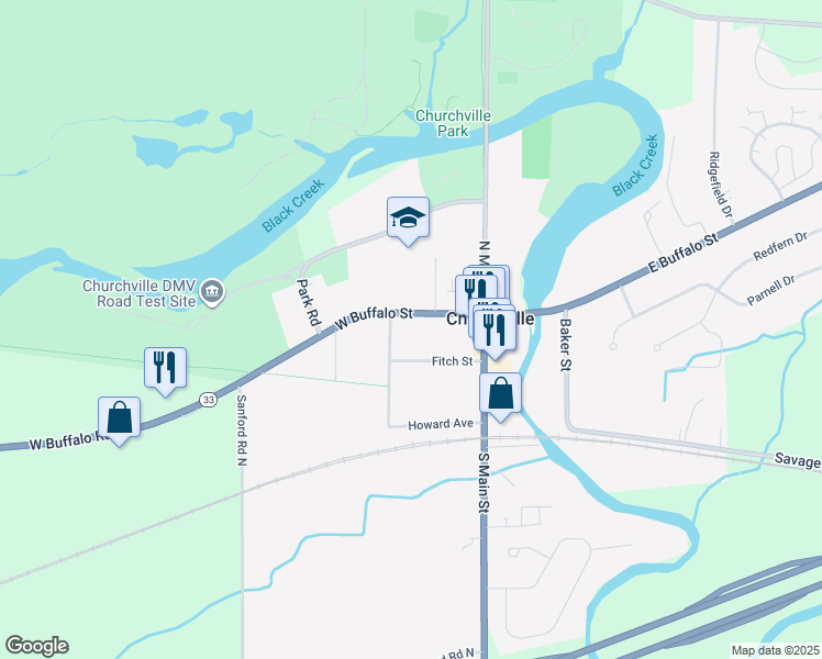 map of restaurants, bars, coffee shops, grocery stores, and more near 37 West Buffalo Street in Churchville