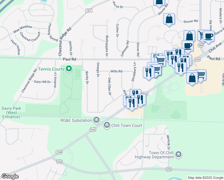 map of restaurants, bars, coffee shops, grocery stores, and more near 17 Deb Ellen Drive in Rochester