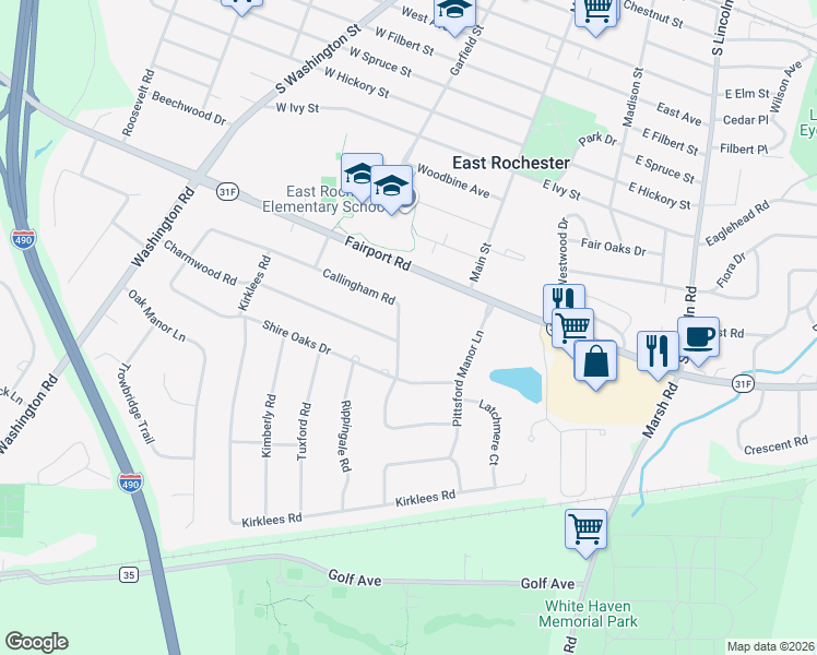 map of restaurants, bars, coffee shops, grocery stores, and more near 55 Callingham Road in Pittsford