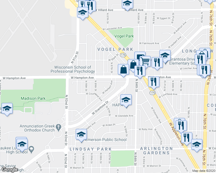map of restaurants, bars, coffee shops, grocery stores, and more near 8750 West Herbert Avenue in Milwaukee
