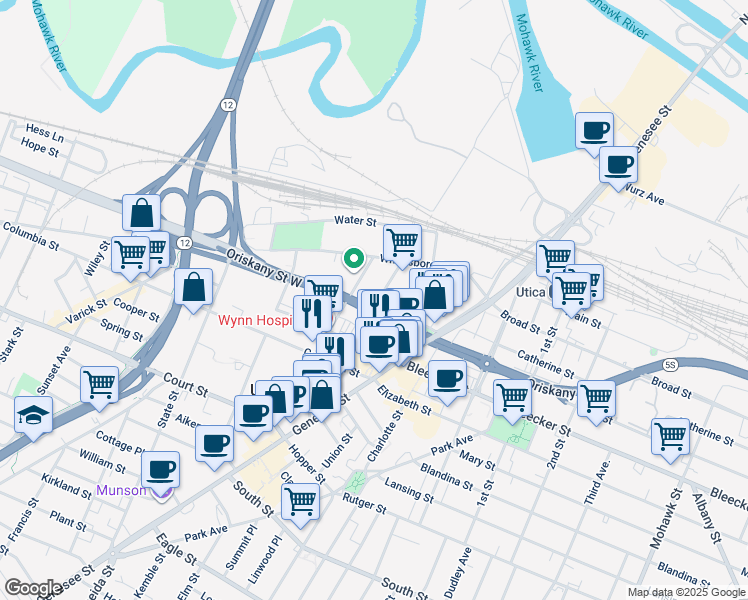 map of restaurants, bars, coffee shops, grocery stores, and more near 200 Liberty Street in Utica