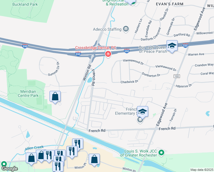 map of restaurants, bars, coffee shops, grocery stores, and more near 29 French Meadow Lane in Rochester