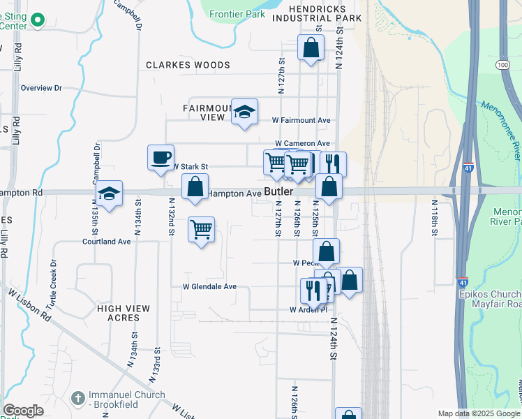 map of restaurants, bars, coffee shops, grocery stores, and more near 12765 West Hampton Avenue in Butler