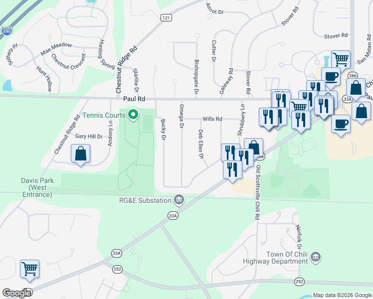 map of restaurants, bars, coffee shops, grocery stores, and more near 26 Omega Drive in Rochester